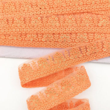 Orange Net Lace Trim With Floral Embroidery And Gold Sequins, Sequinned Trim, Wedding Trim Bridal Trim